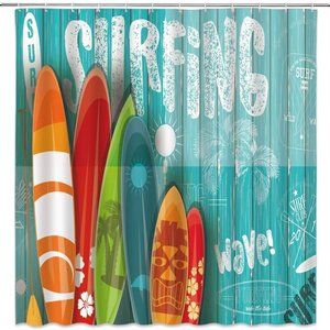NEW Surfboard Shower Curtain Beach Summer Sunshine Palm Trees Tropical Ocean